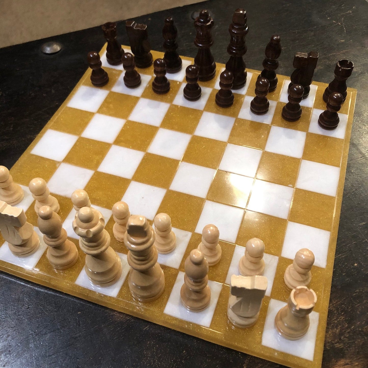 Resin Chess Set - Golden White (Wood Pieces)