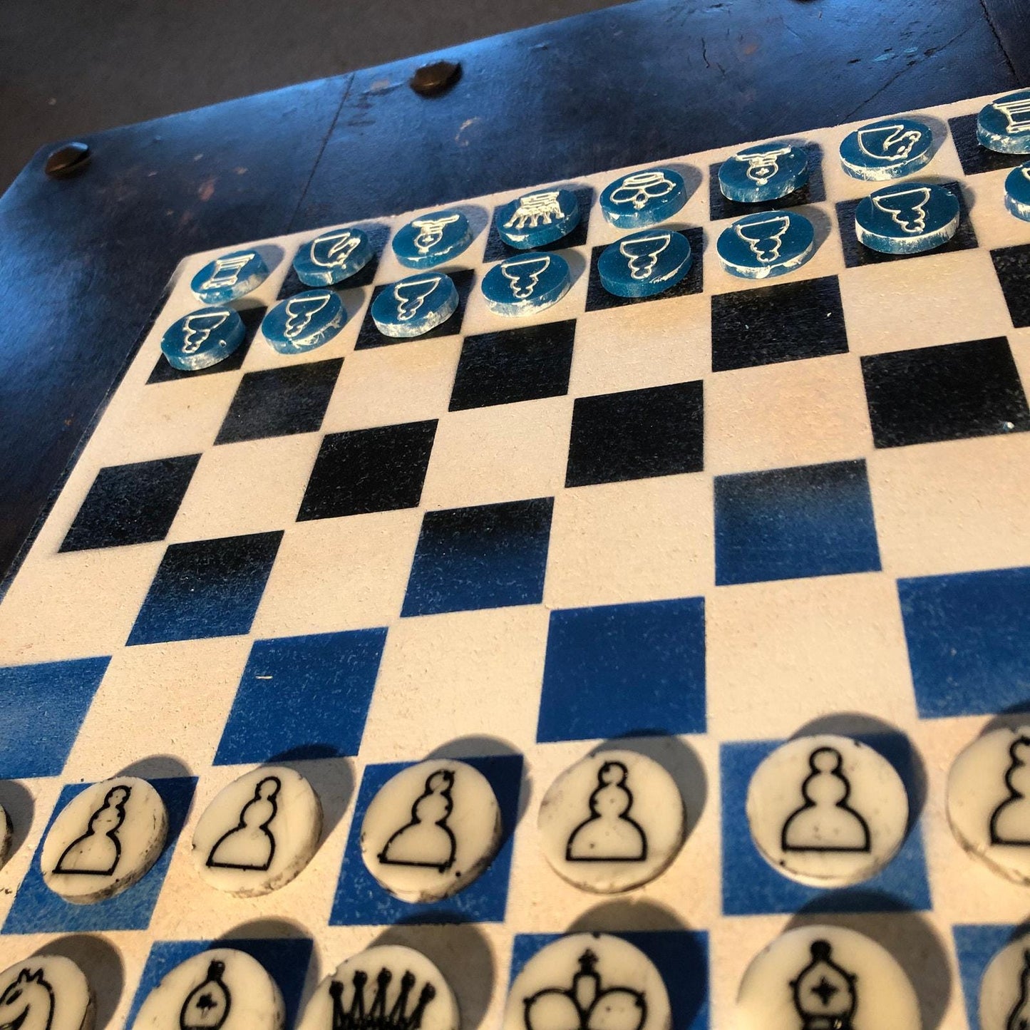 Chess Set - White Blue & Black (Resin Pieces)