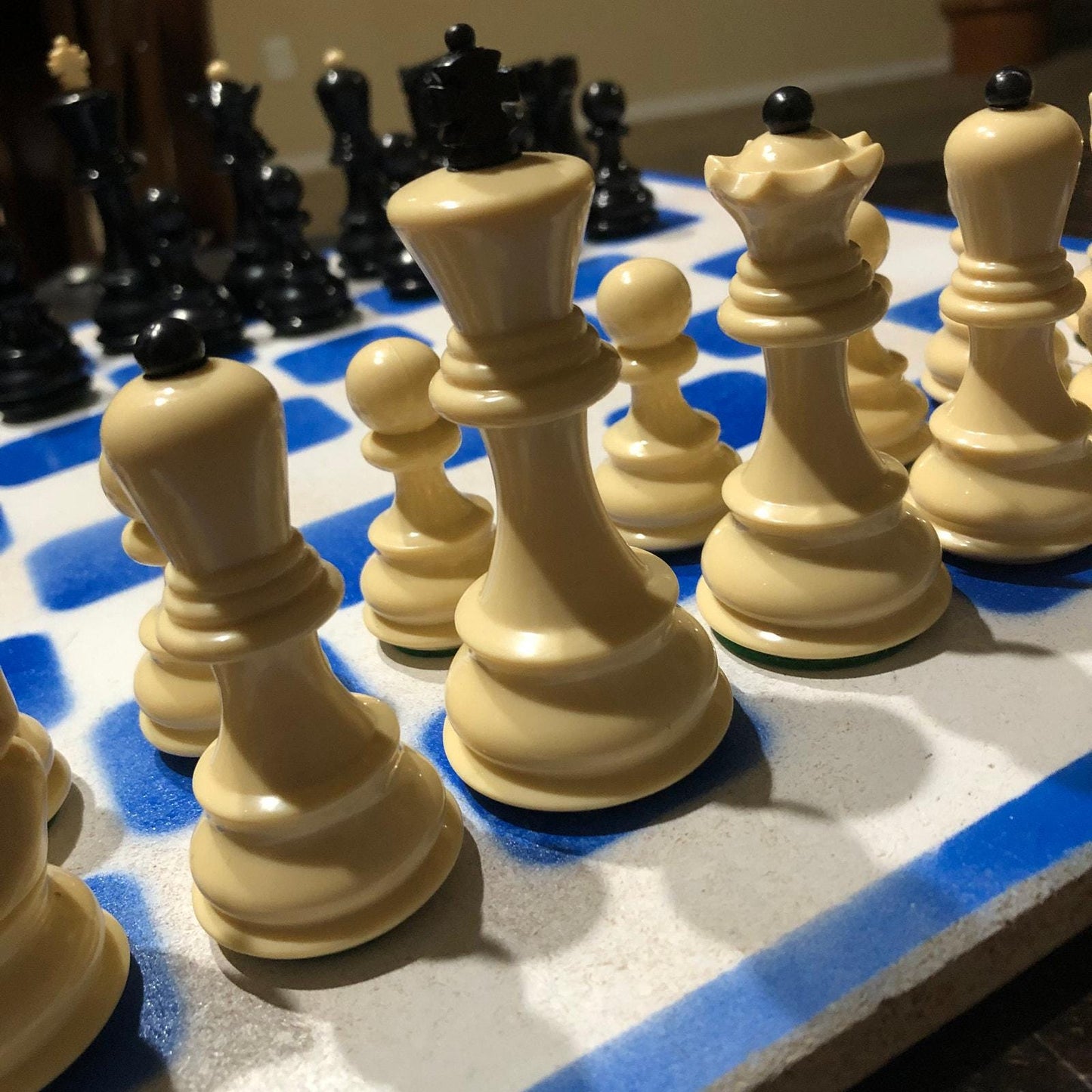 Large Painted Chess Set - Blue & White