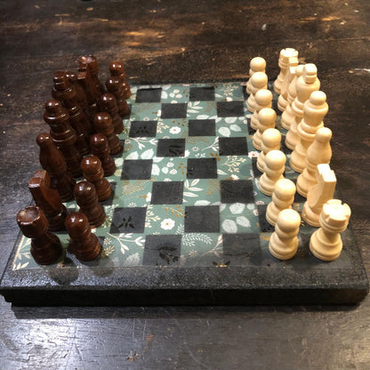 Scrapbook Chess Set - Gold Foil Green