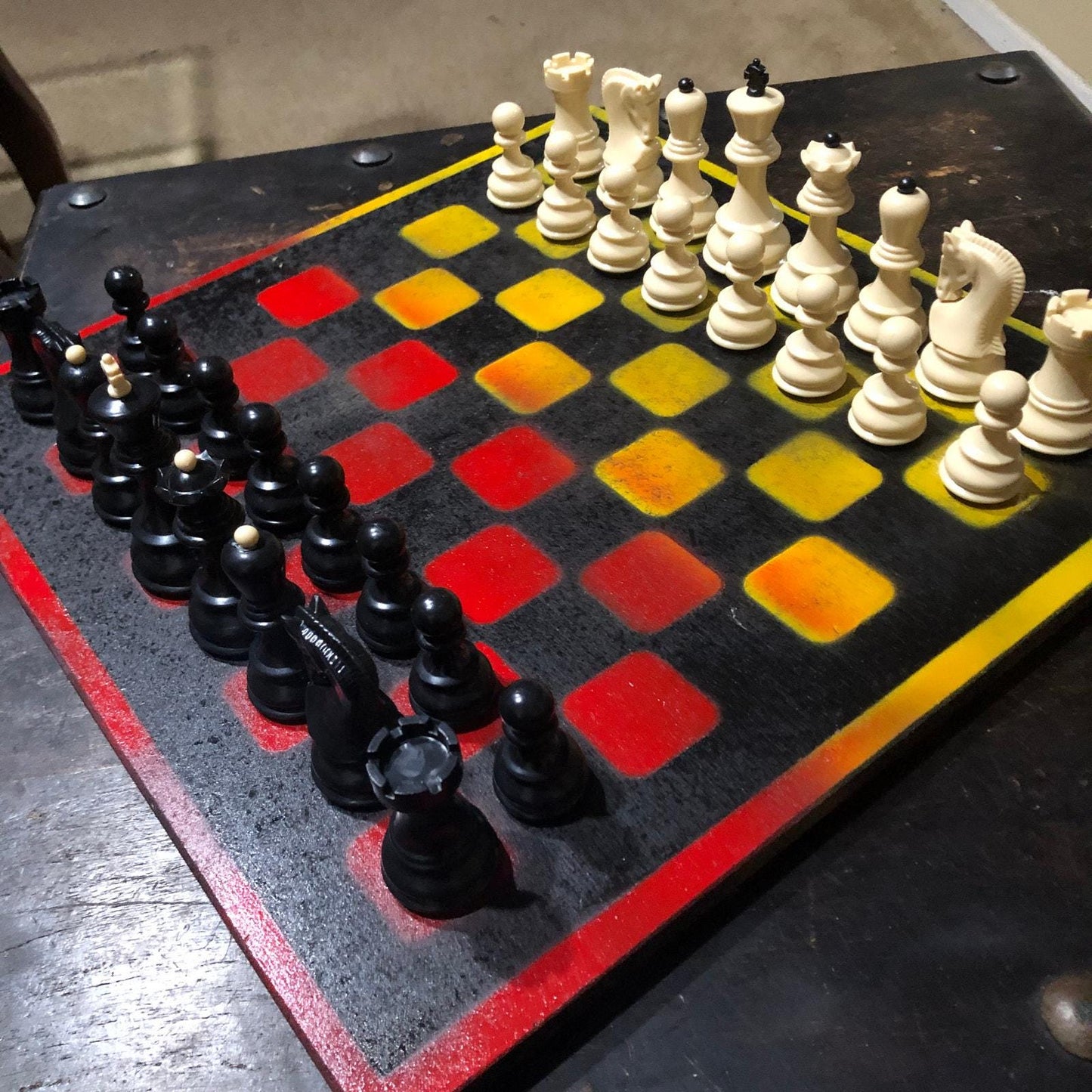 Large Painted Chess Set - Red Black & Yellow