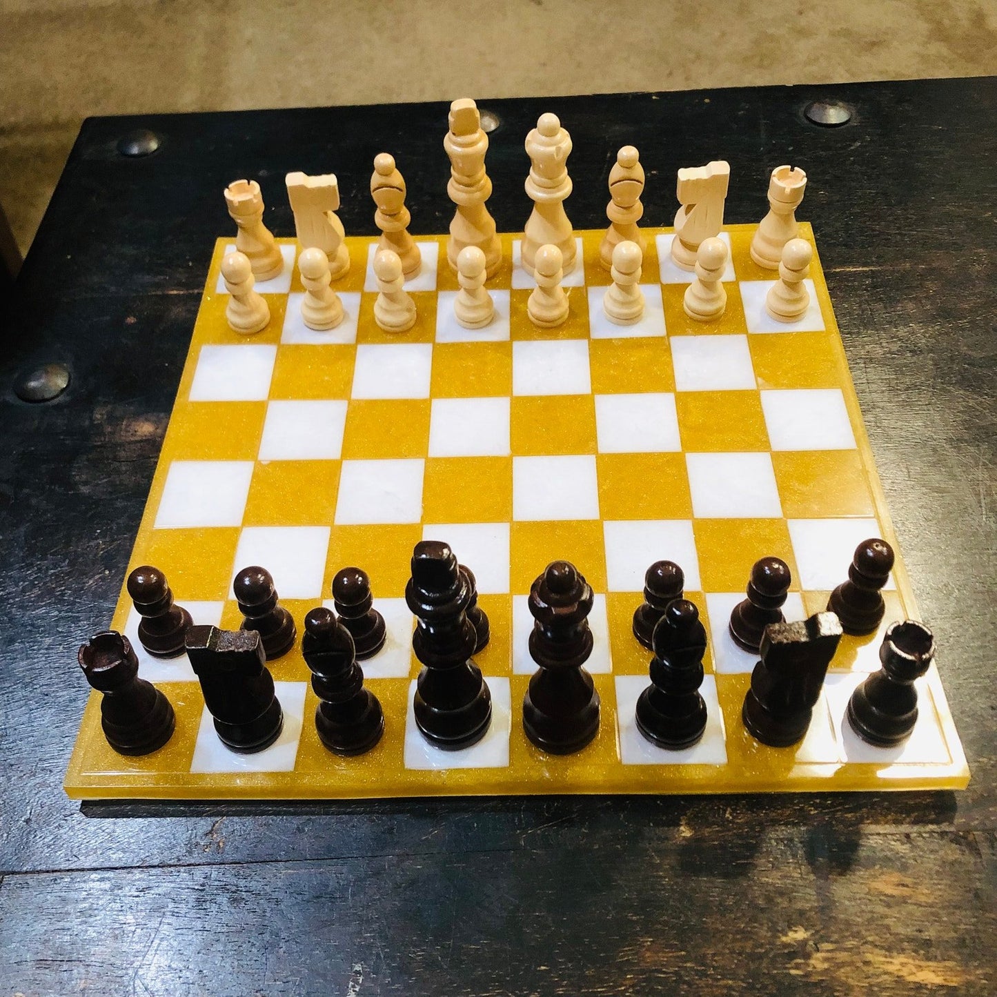 Resin Chess Set - Golden White (Wood Pieces)