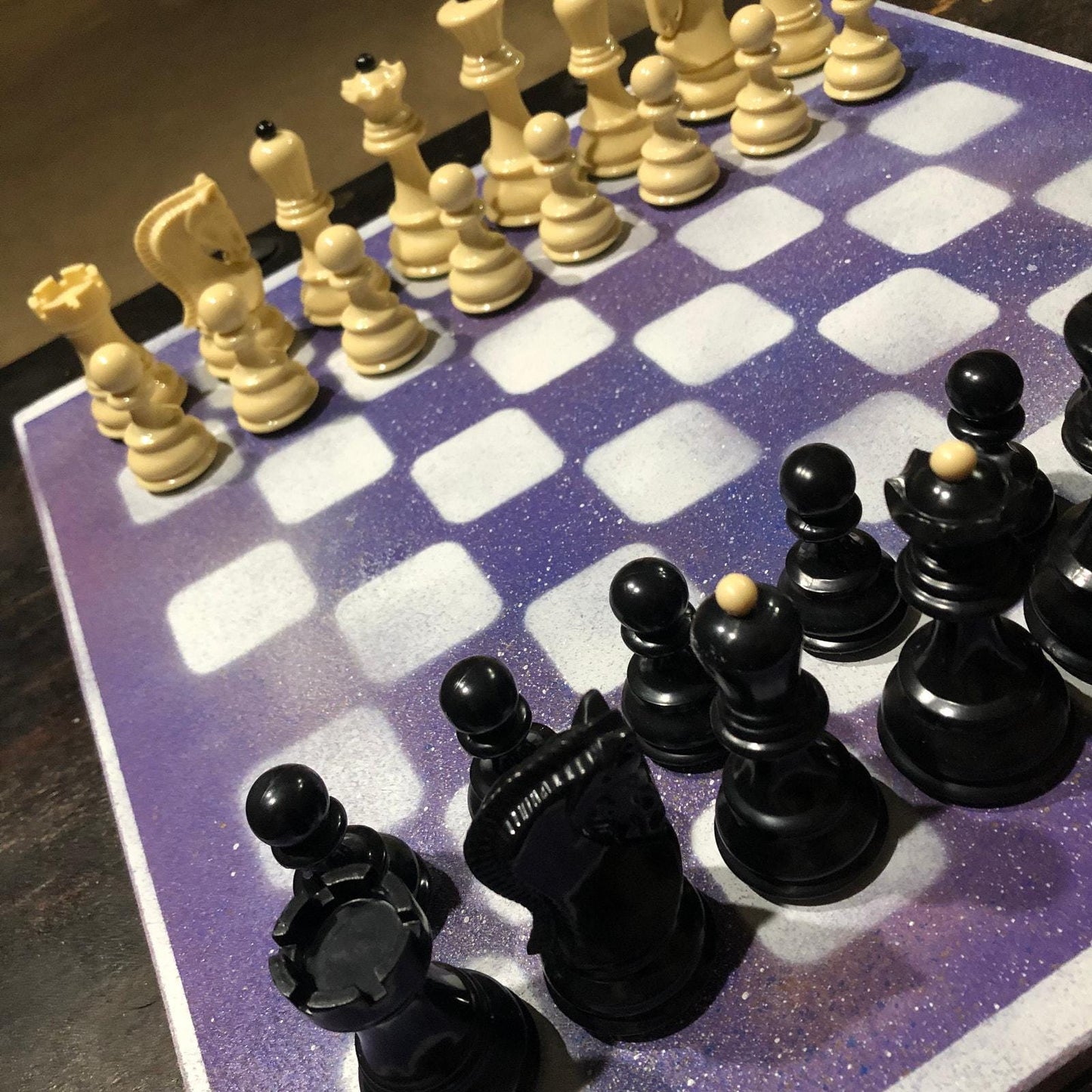 Large Painted Chess Set - Purple & White