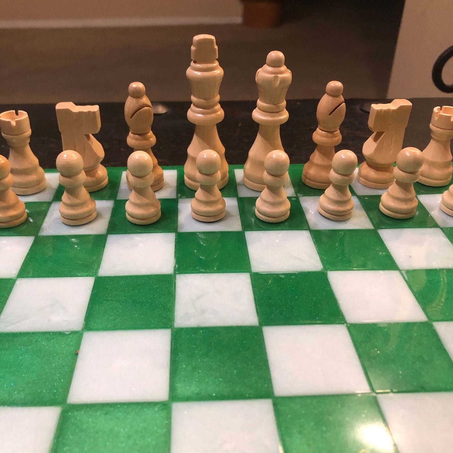 Resin Chess Set - Green & White (Wood Pieces)