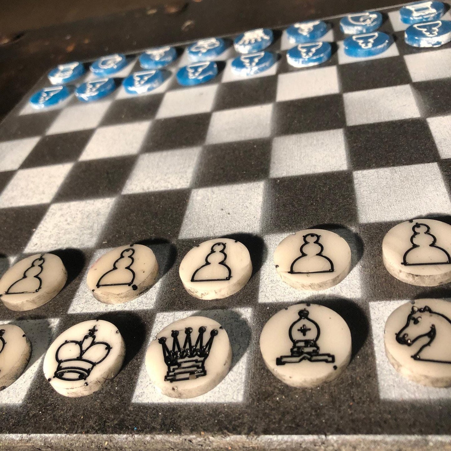 Chess Set - Black White & Blue (Resin Pieces)