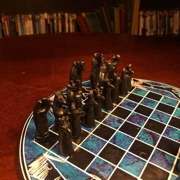 African Vintage Chess Set - Sea Blue Chess Board