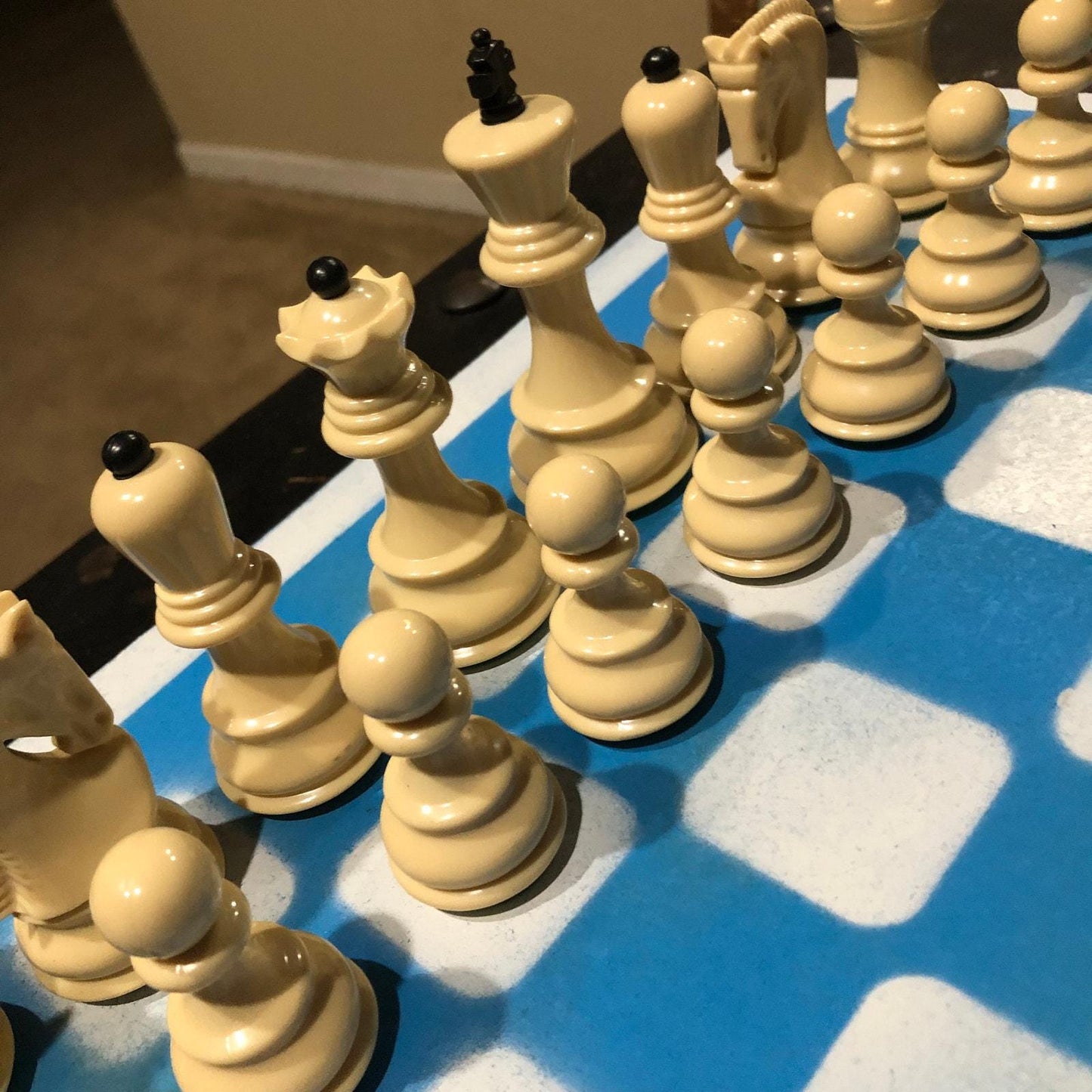 Large Painted Chess Set - White & Blue