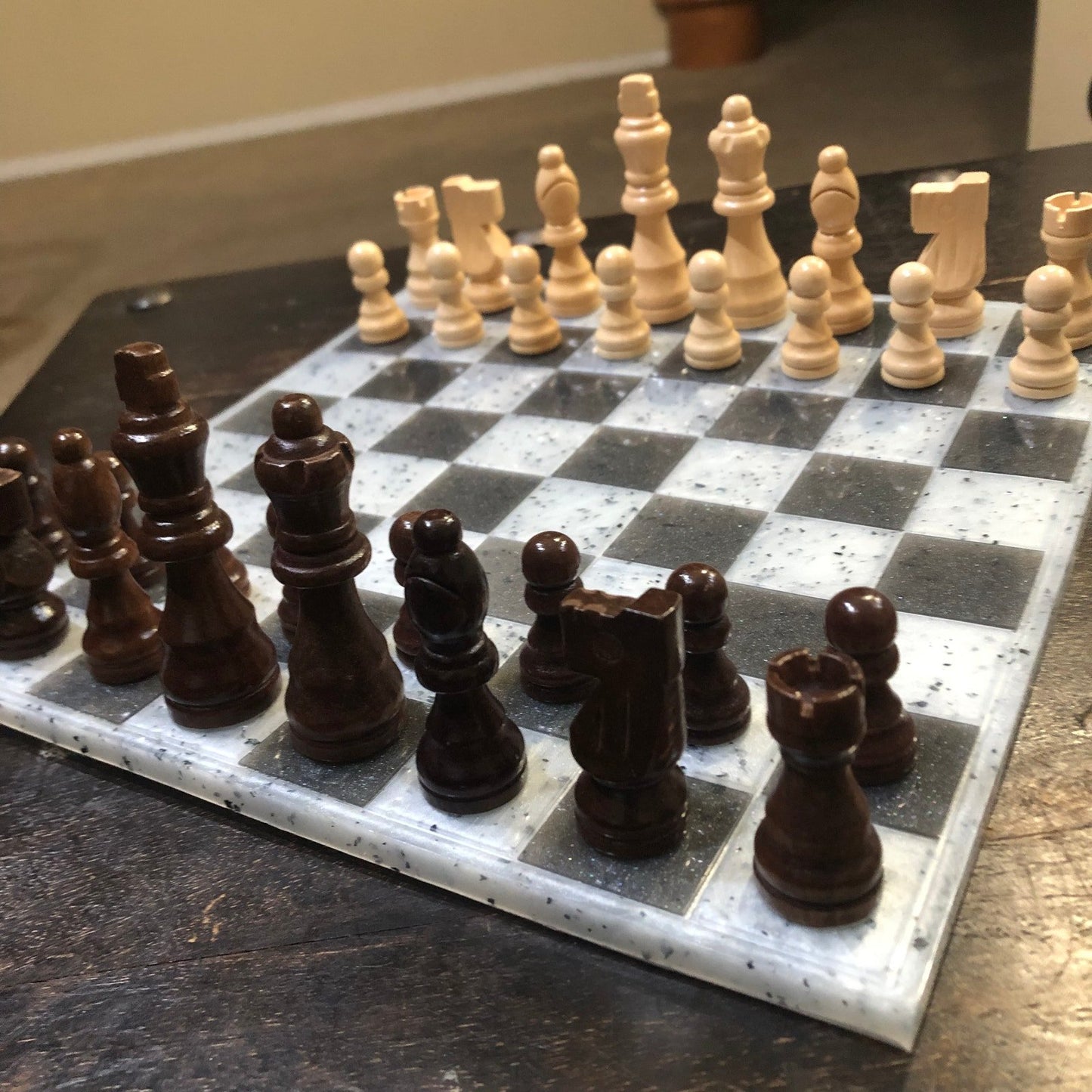 Resin Chess Set - Tattered Black & White (Wood Pieces)