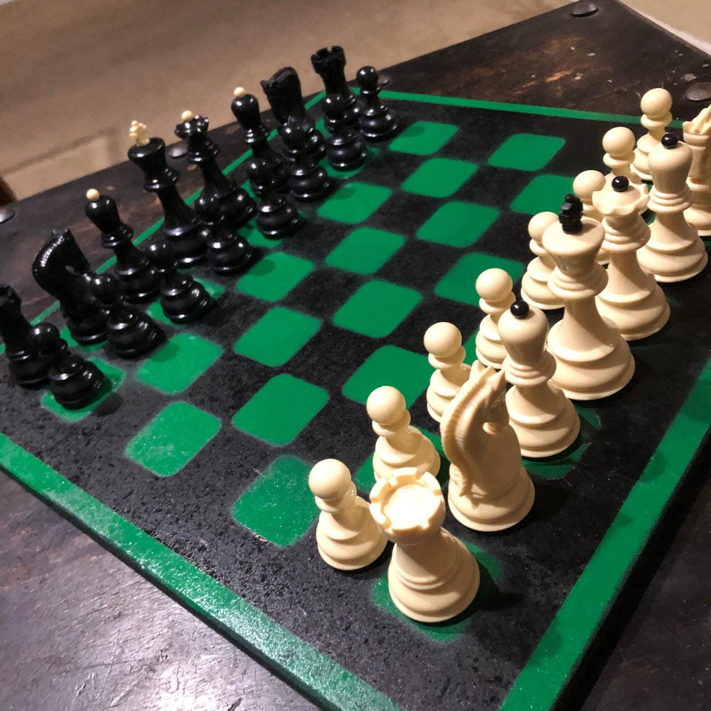 Large Painted Chess Set - Green & Black