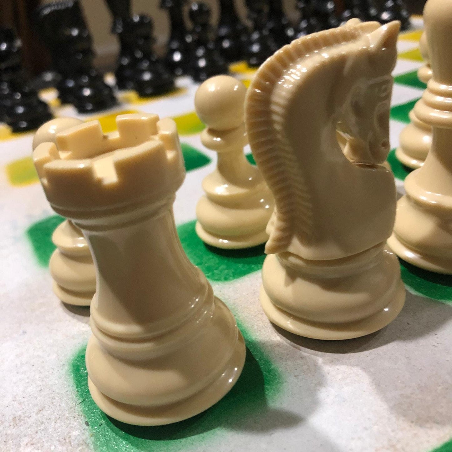 Large Painted Chess Set - Green/Yellow & White