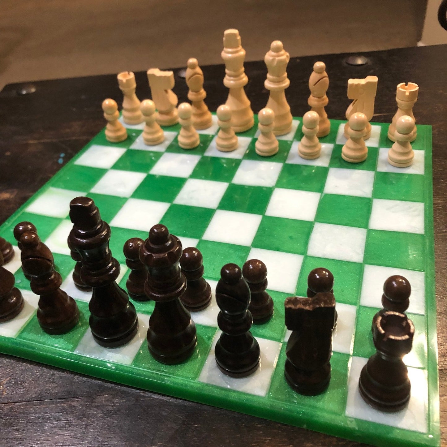 Resin Chess Set - Green & White (Wood Pieces)