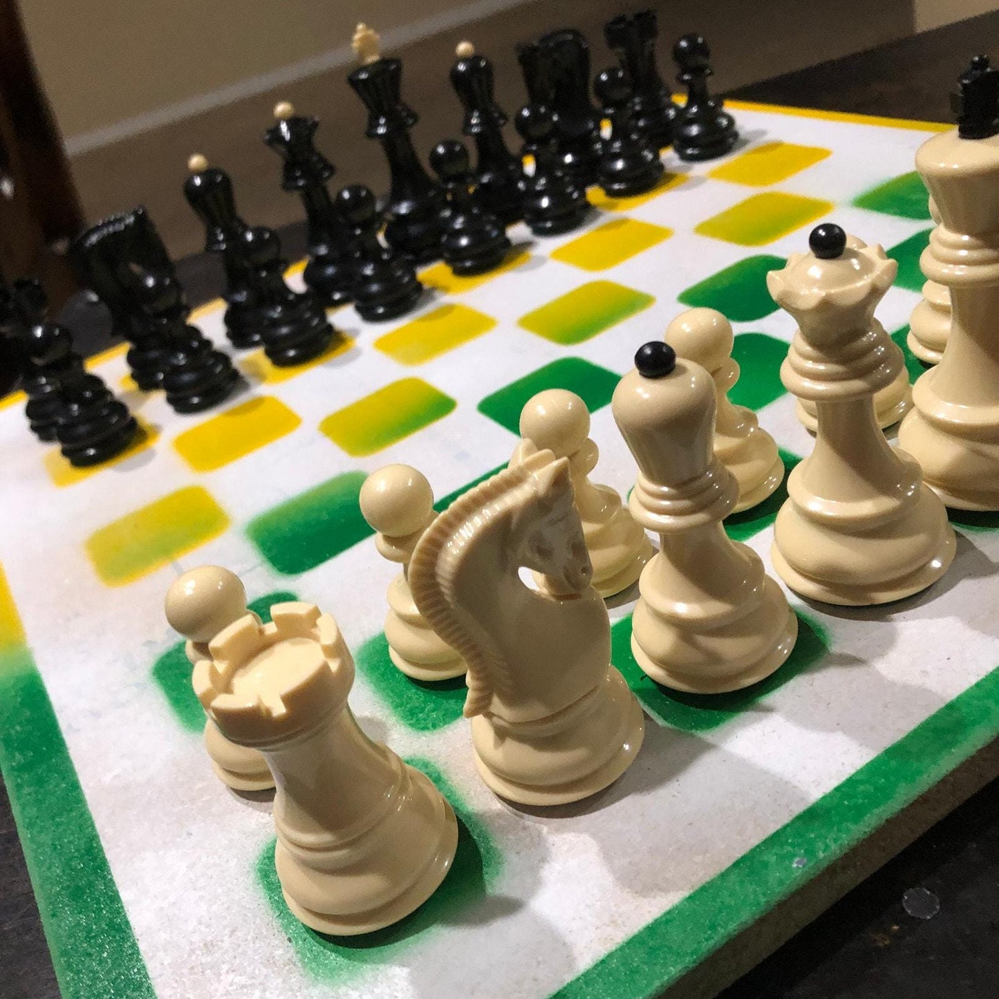 Large Painted Chess Set - Green/Yellow & White