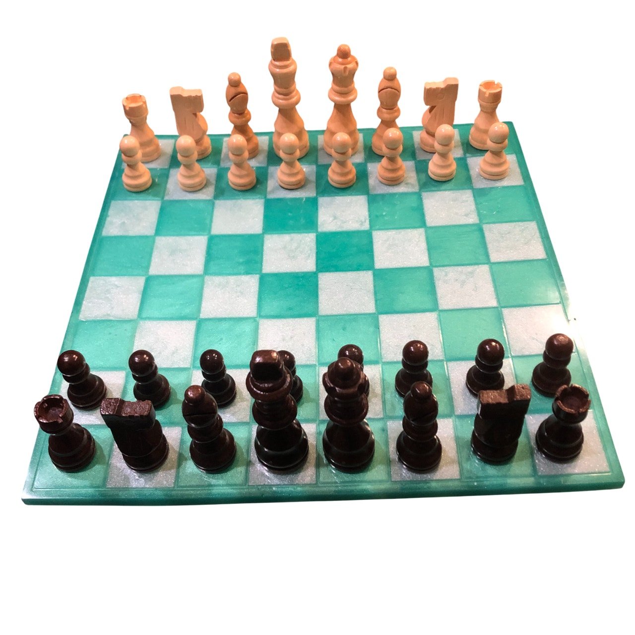 Resin Chess Set - Aqua Green & White (Wood Pieces)