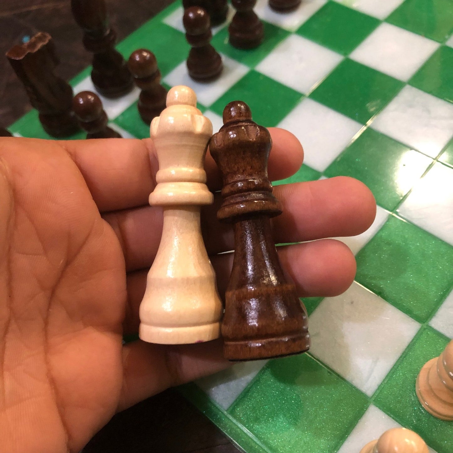 Resin Chess Set - Green & White (Wood Pieces)