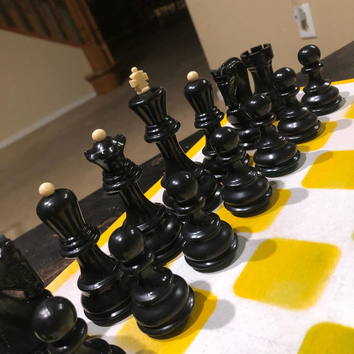 Large Painted Chess Set - Green/Yellow & White