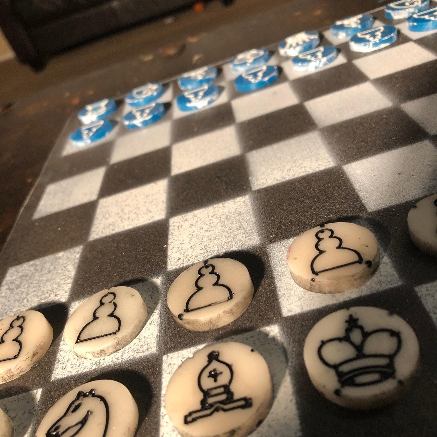 Chess Set - Black White & Blue (Resin Pieces)