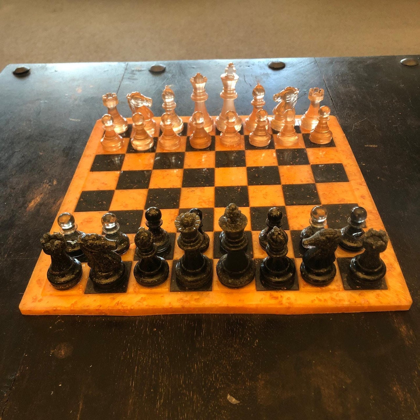 Handmade Resin Chess Set - Orange & Black