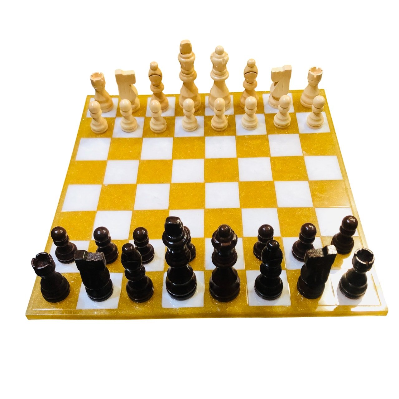 Resin Chess Set - Golden White (Wood Pieces)