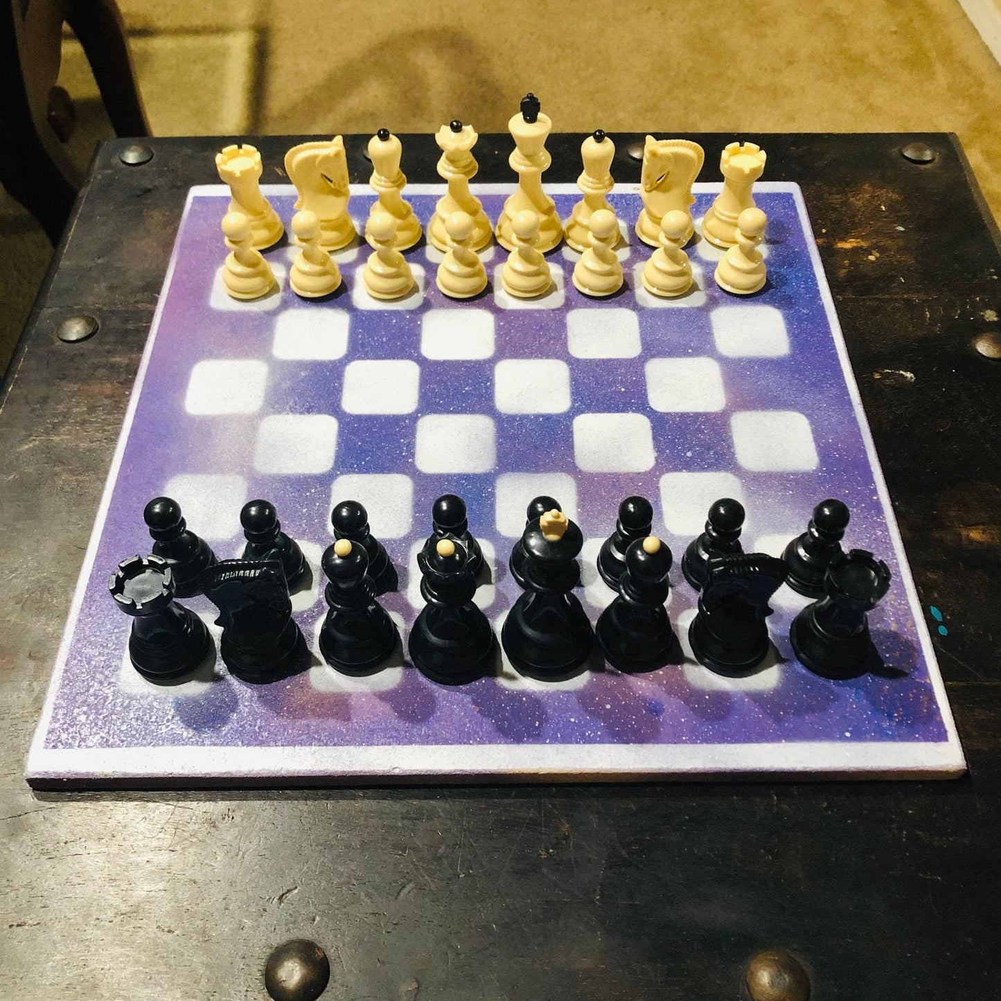 Large Painted Chess Set - Purple & White