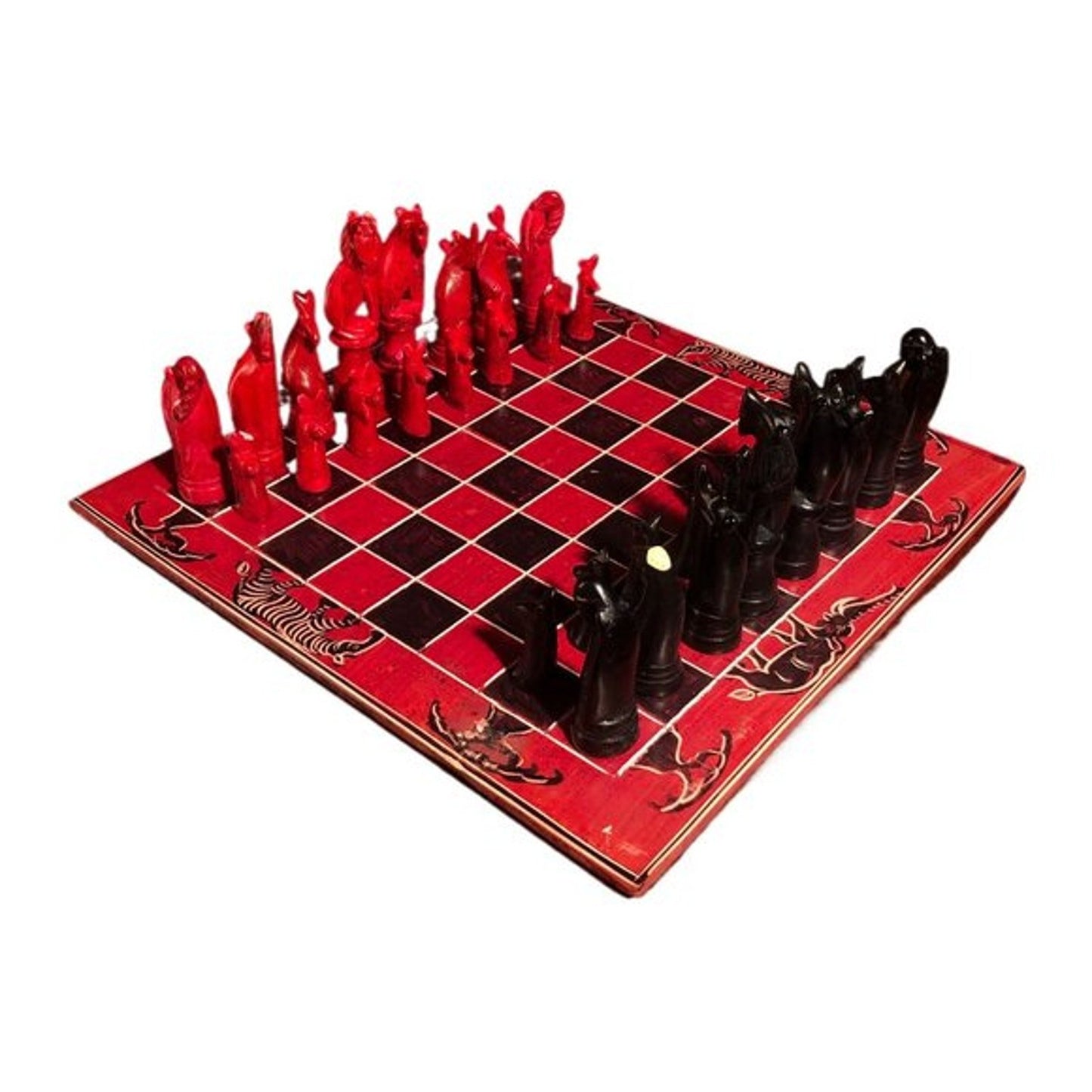 African Vintage Chess Set - Red Square Chess Board