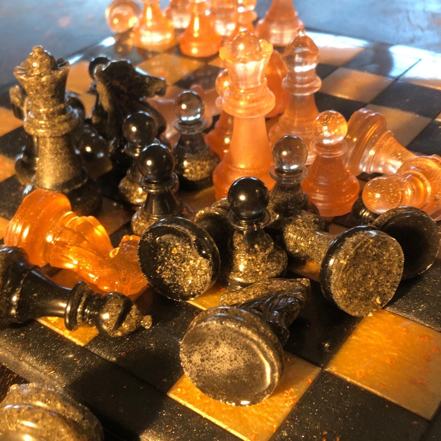 Handmade Resin Chess Set - Royal Black & Orange