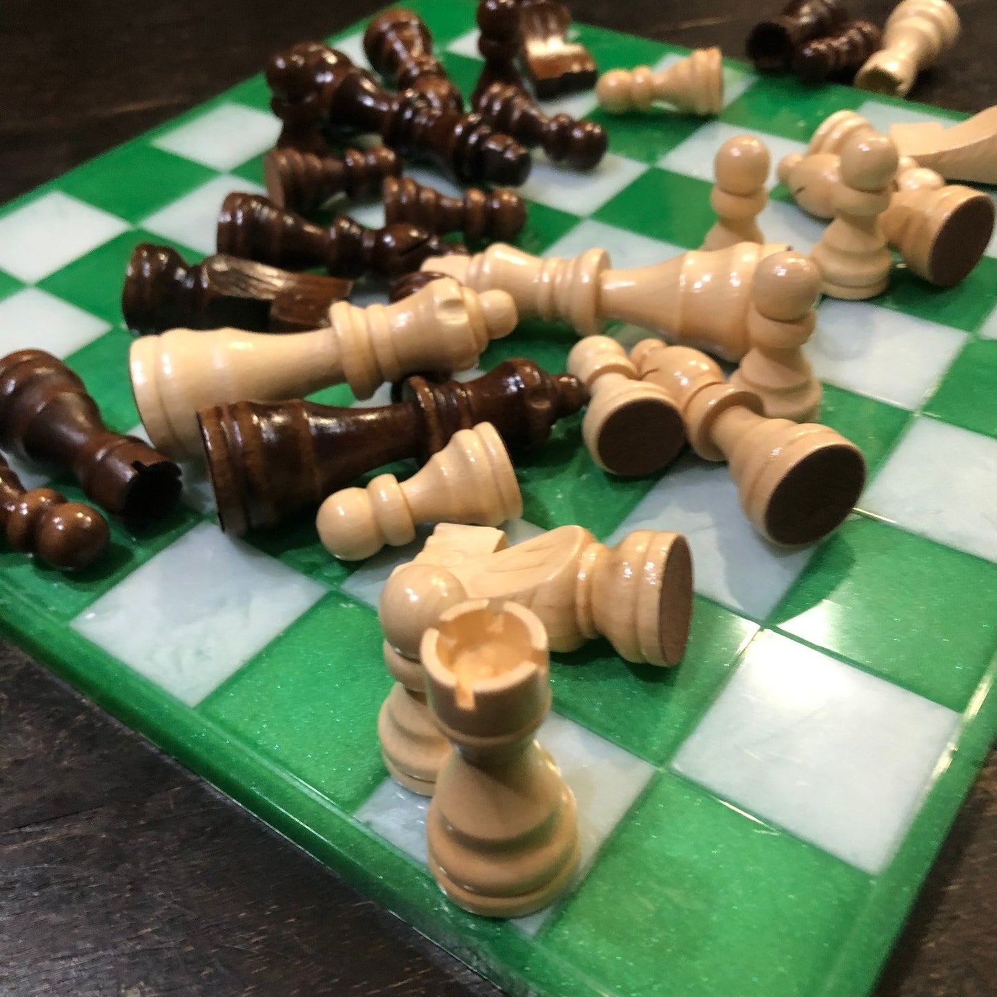 Resin Chess Set - Green & White (Wood Pieces)