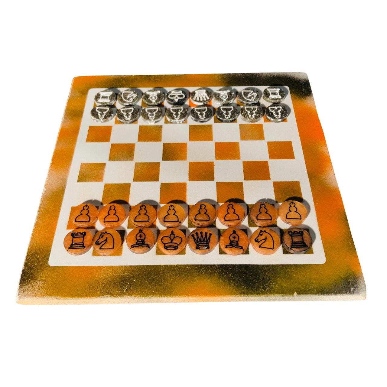 Chess Set - Orange White & Black (Resin Pieces)