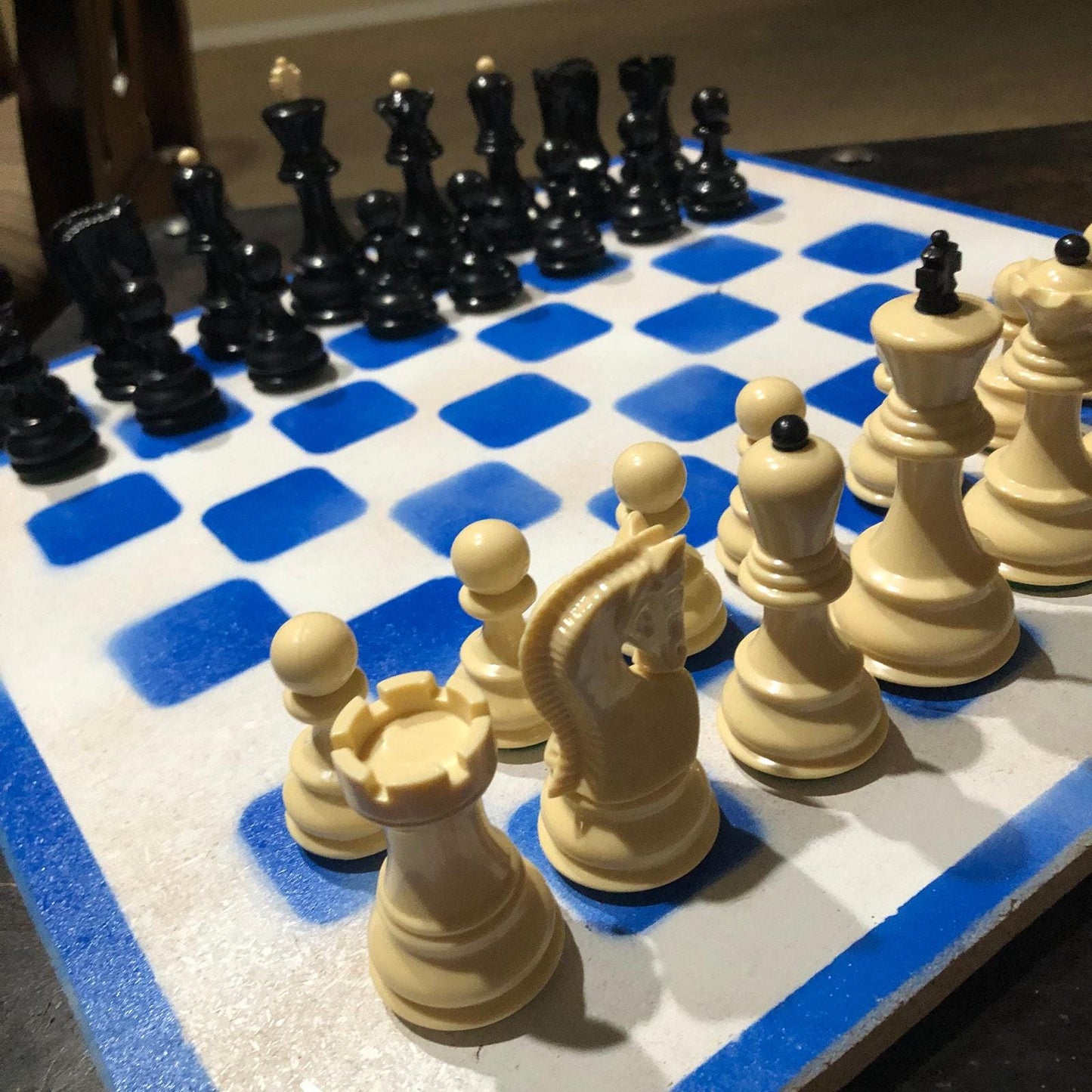 Large Painted Chess Set - Blue & White