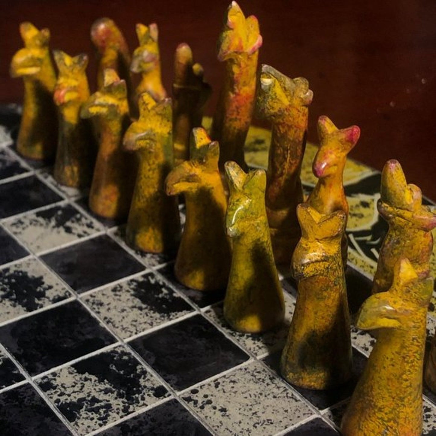 African Vintage Chess Set - Yellow Checkered Chess Board