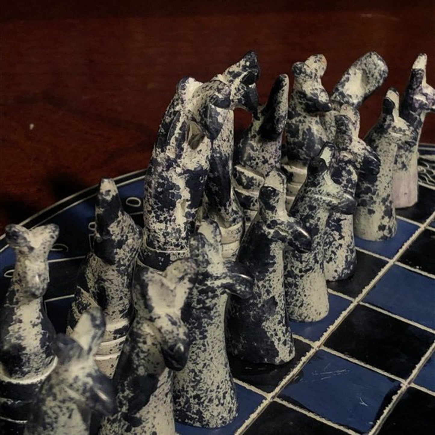 African Vintage Chess Set - Blue/White Chess Board