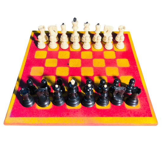 Large Painted Chess Set - Red & Yellow