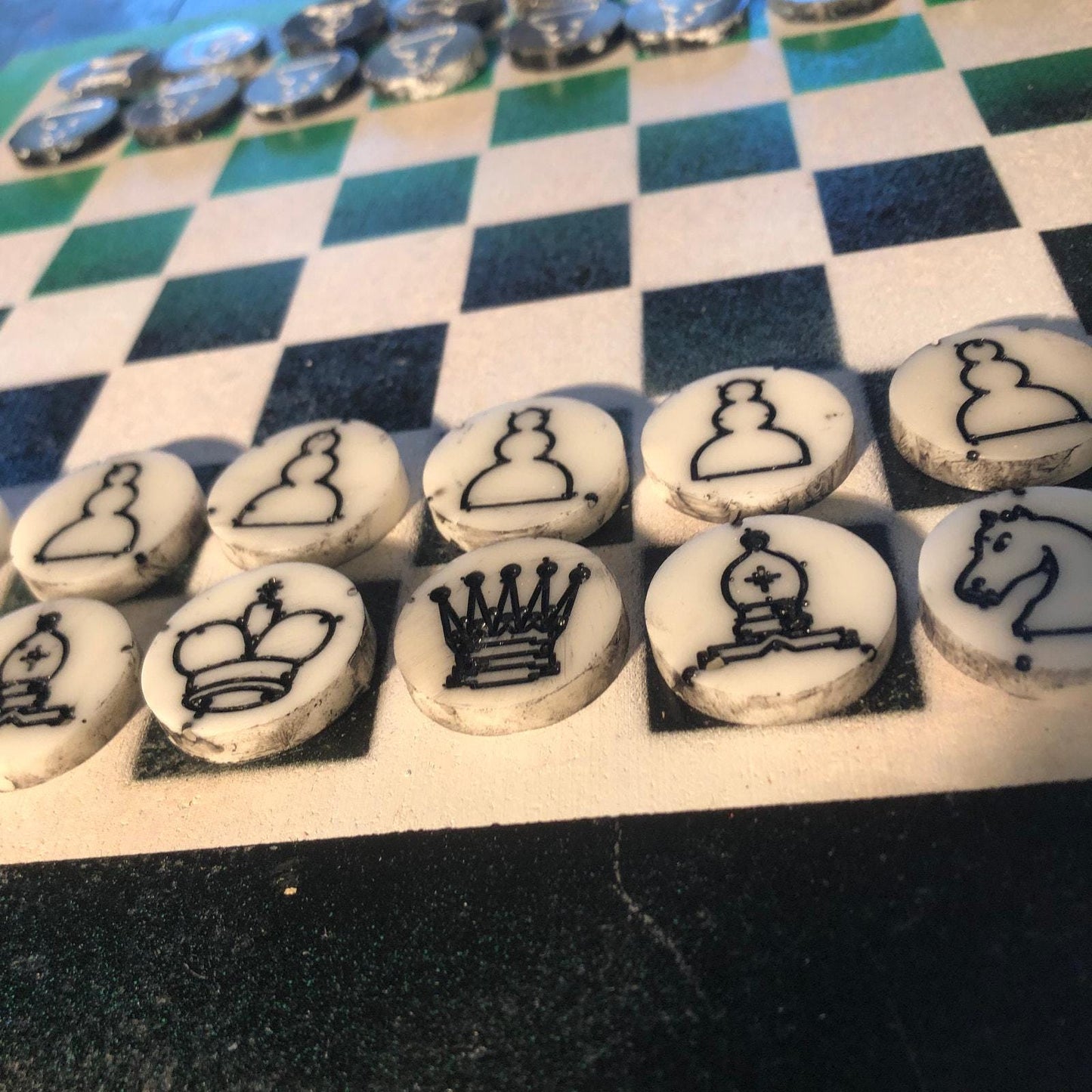 Chess Set - Green White & Black (Resin Pieces)