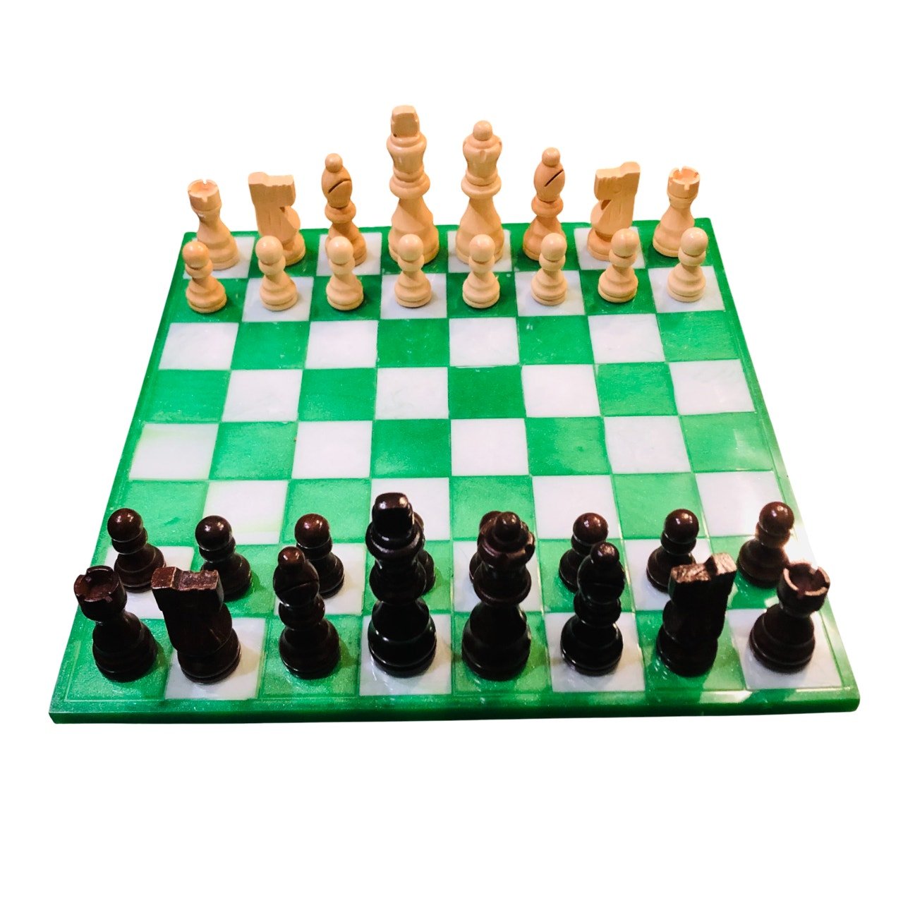 Resin Chess Set - Green & White (Wood Pieces)