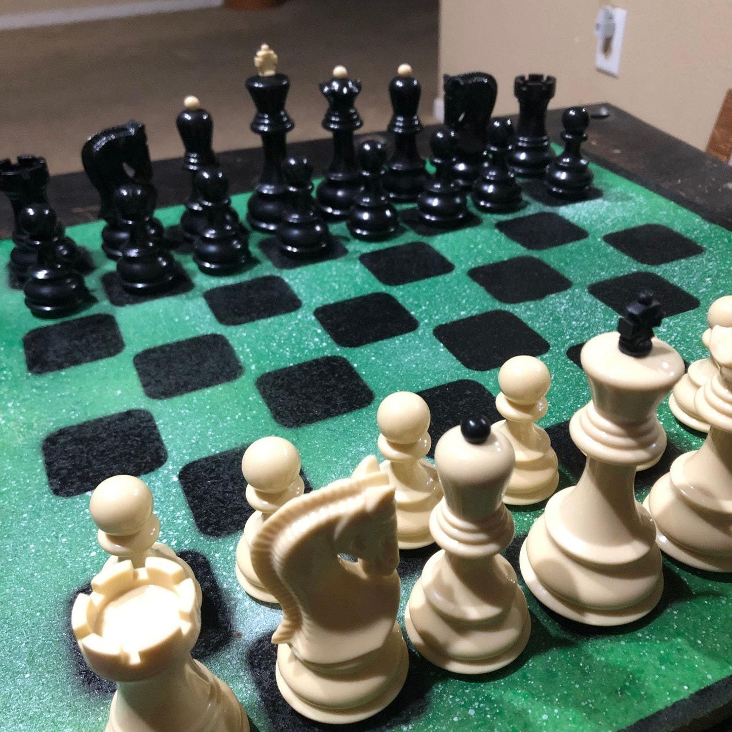 Large Painted Chess Set - Green & Black