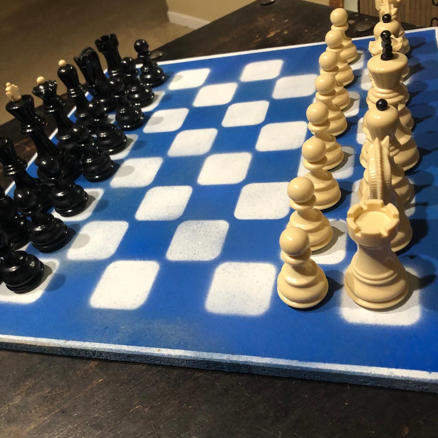 Large Painted Chess Set - Blue & White