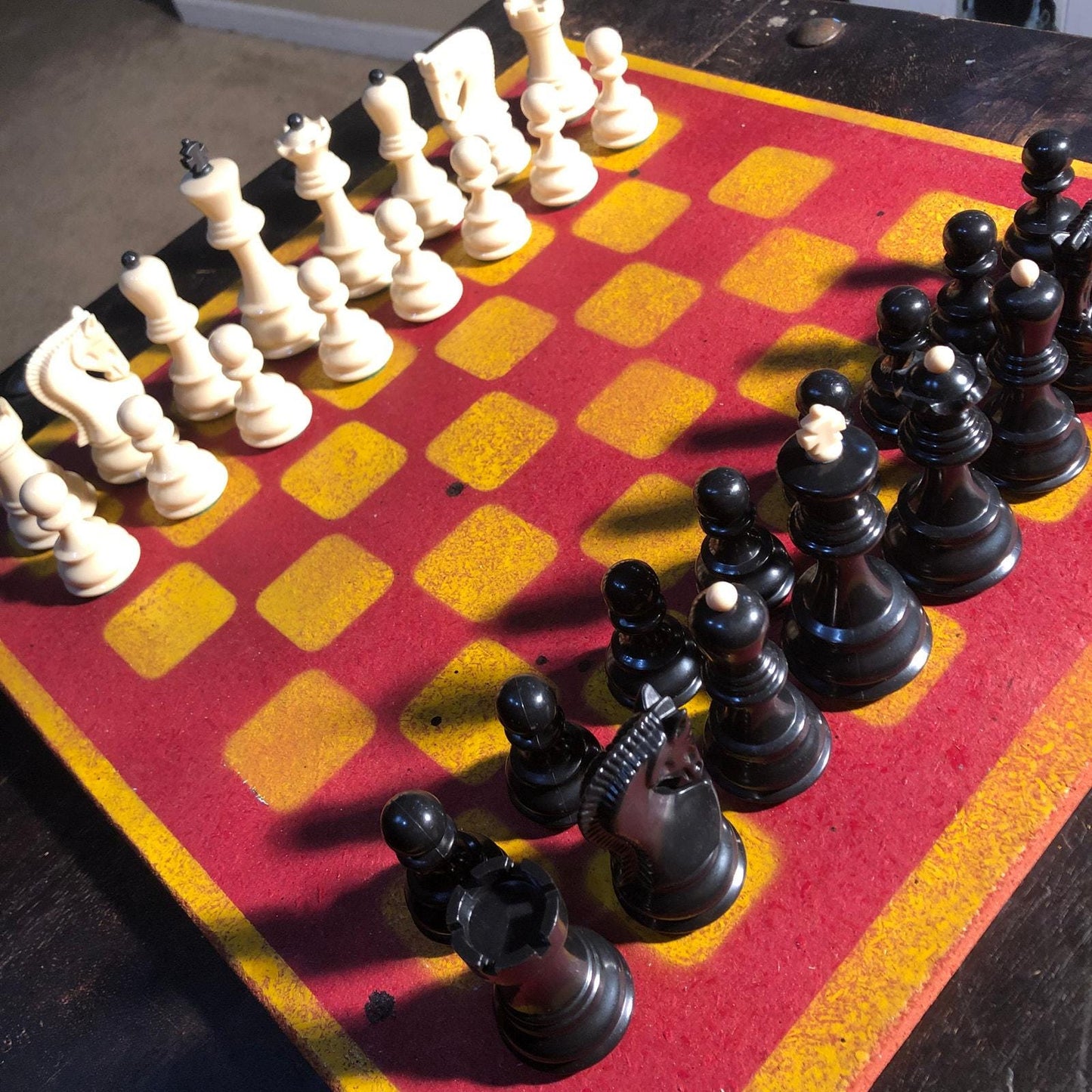 Large Painted Chess Set - Red & Yellow