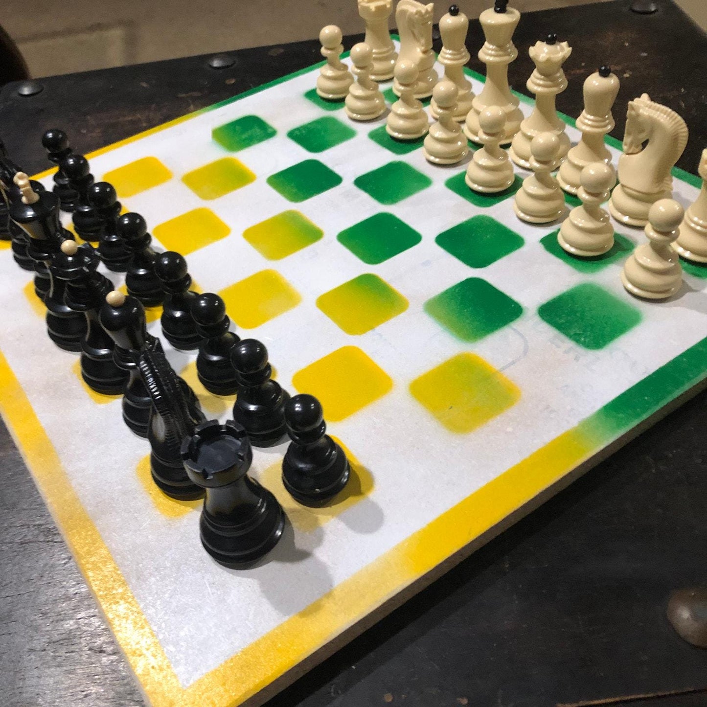 Large Painted Chess Set - Green/Yellow & White