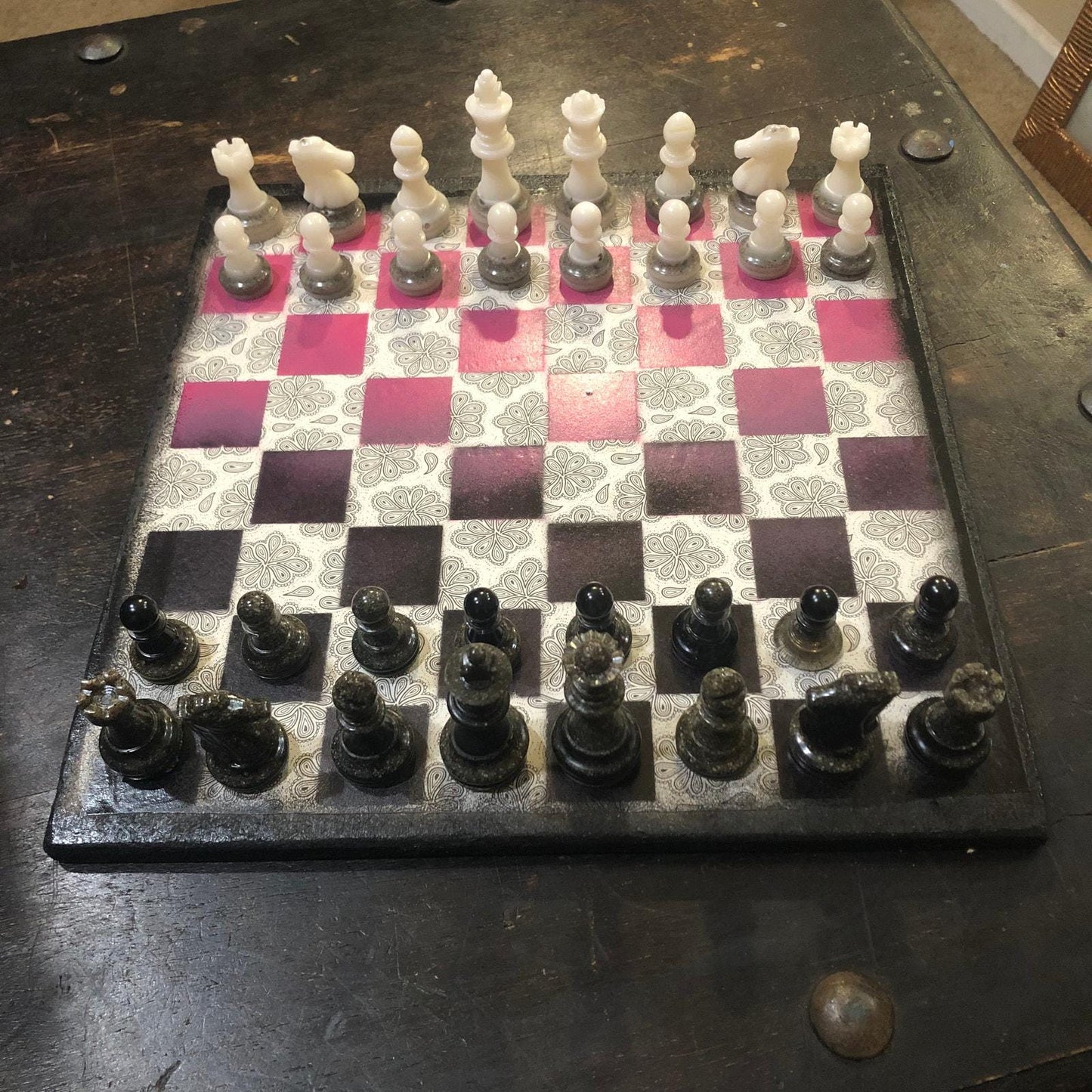 Scrapbook Chess Set - Pink & Black (Resin Pieces)