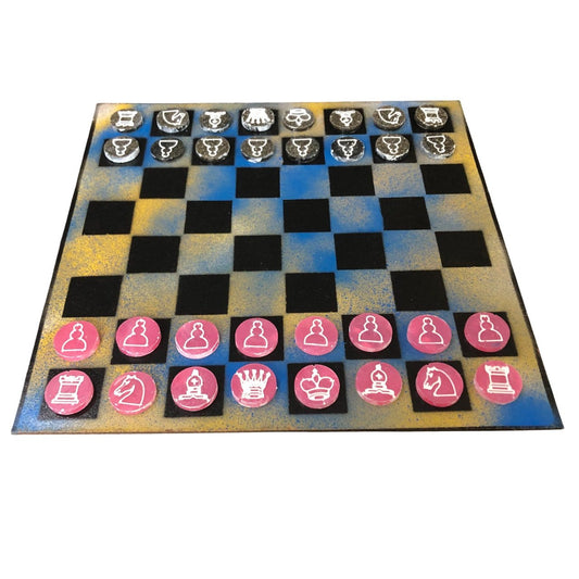 Painted Chess Set - Blu Yellow Mix (Pink Pieces)