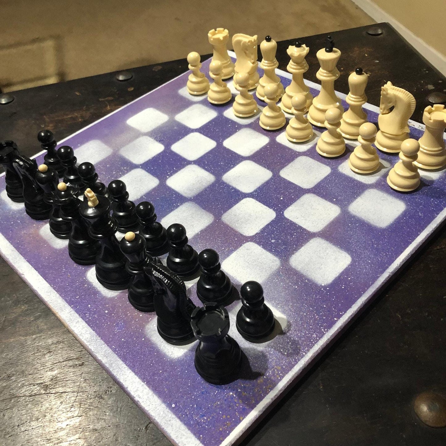 Large Painted Chess Set - Purple & White