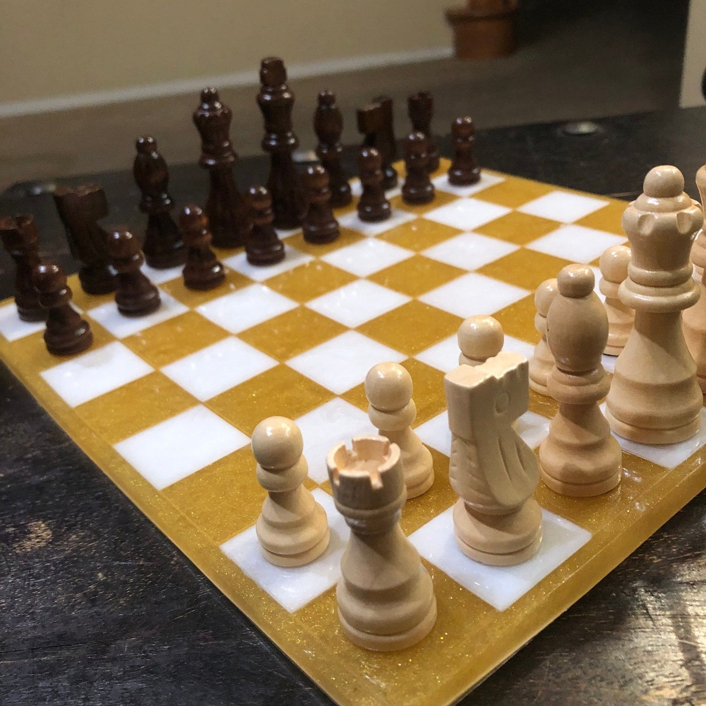 Resin Chess Set - Golden White (Wood Pieces)