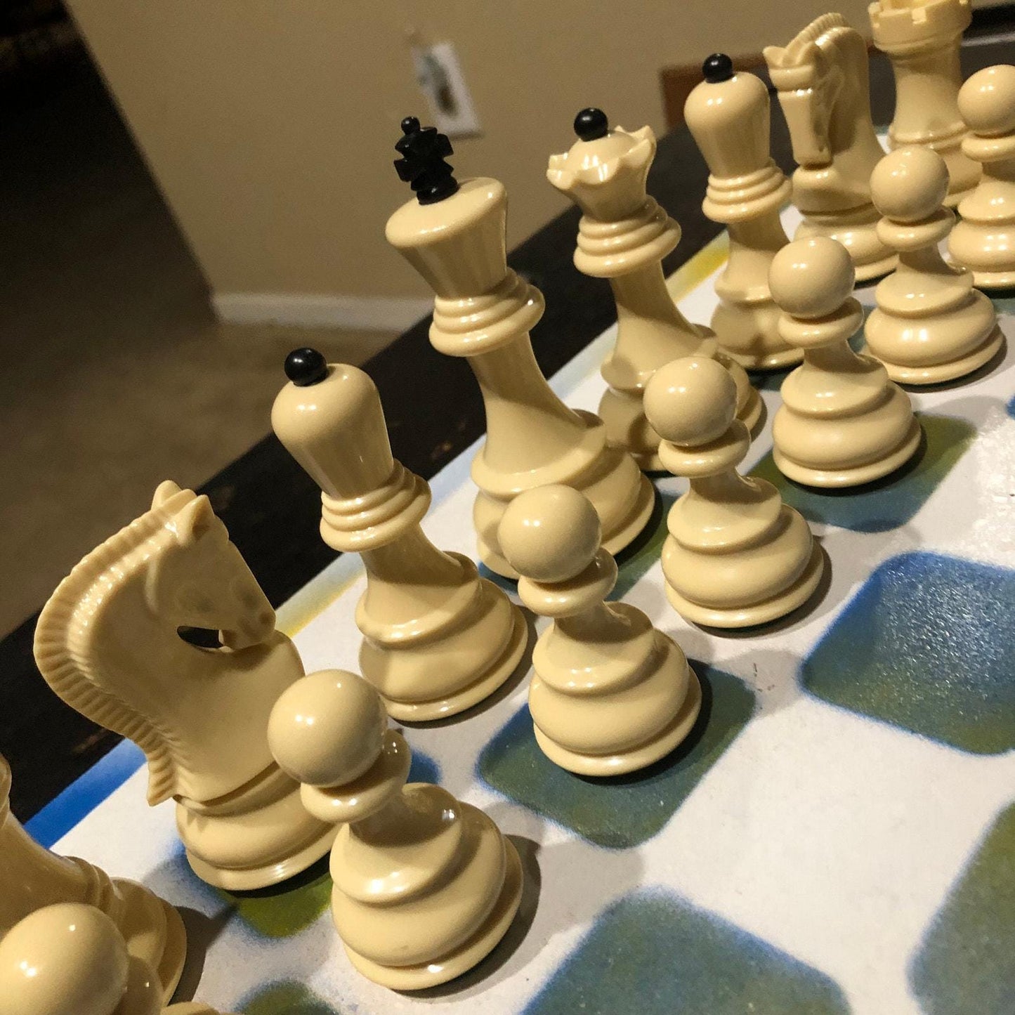 Large Painted Chess Set - Blue/Yellow & White