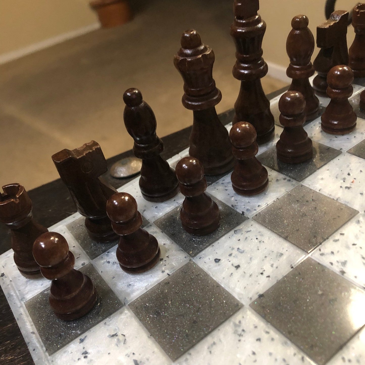 Resin Chess Set - Tattered Black & White (Wood Pieces)