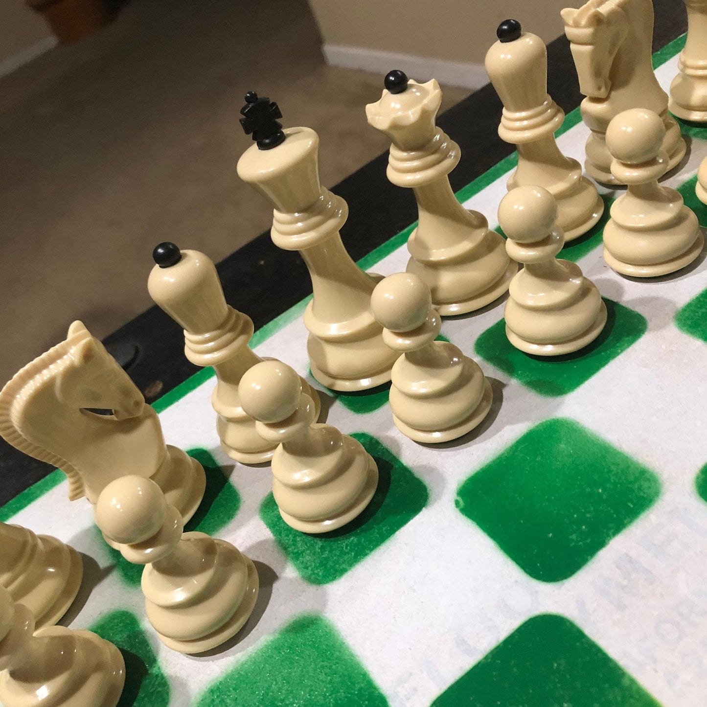 Large Painted Chess Set - Green/Yellow & White