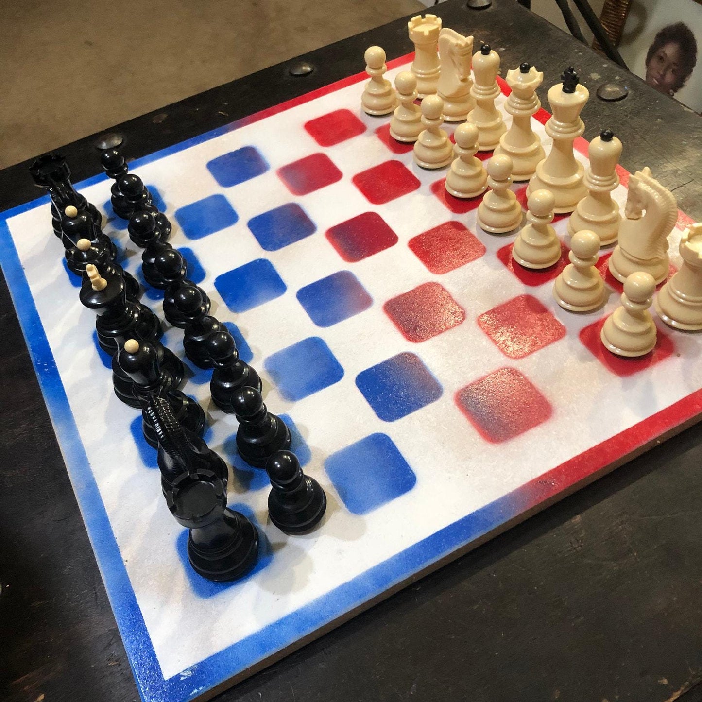 Large Chess Set - Red Blue & White