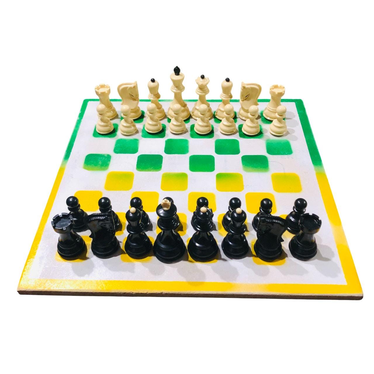 Large Painted Chess Set - Green/Yellow & White