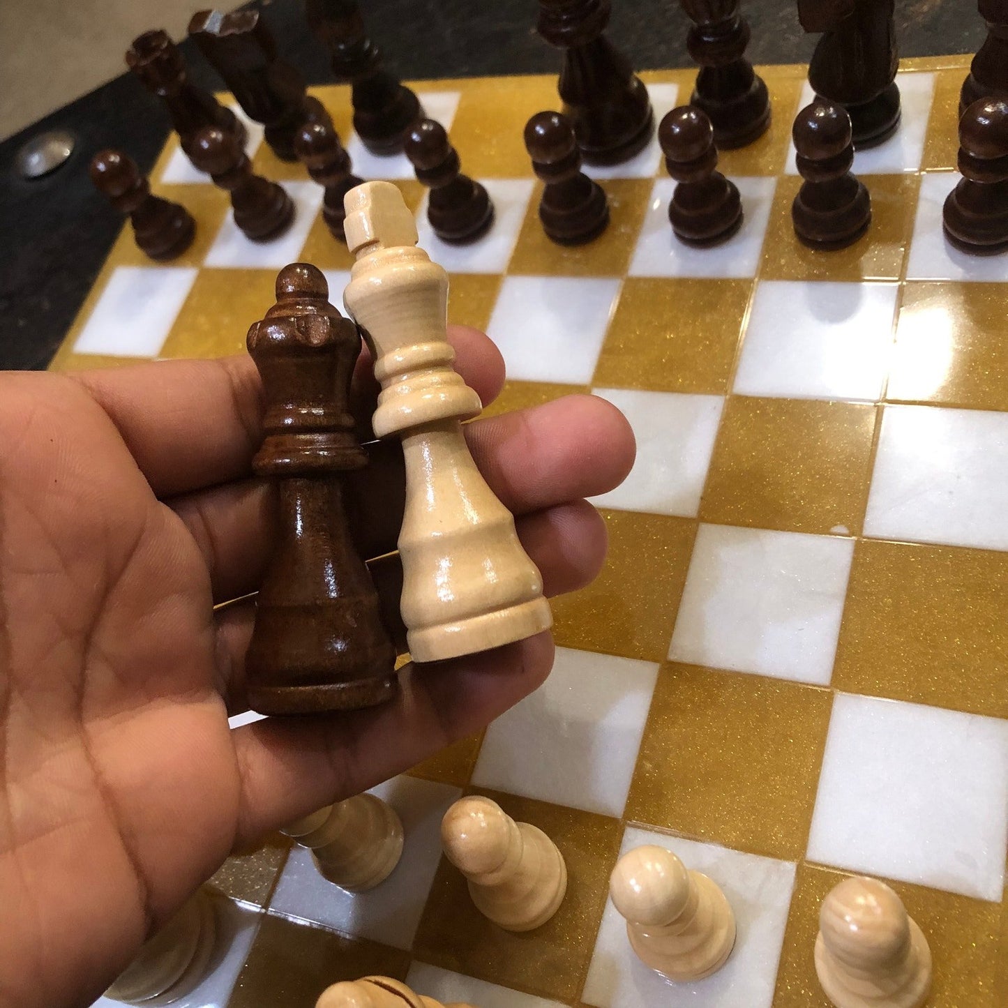 Resin Chess Set - Golden White (Wood Pieces)