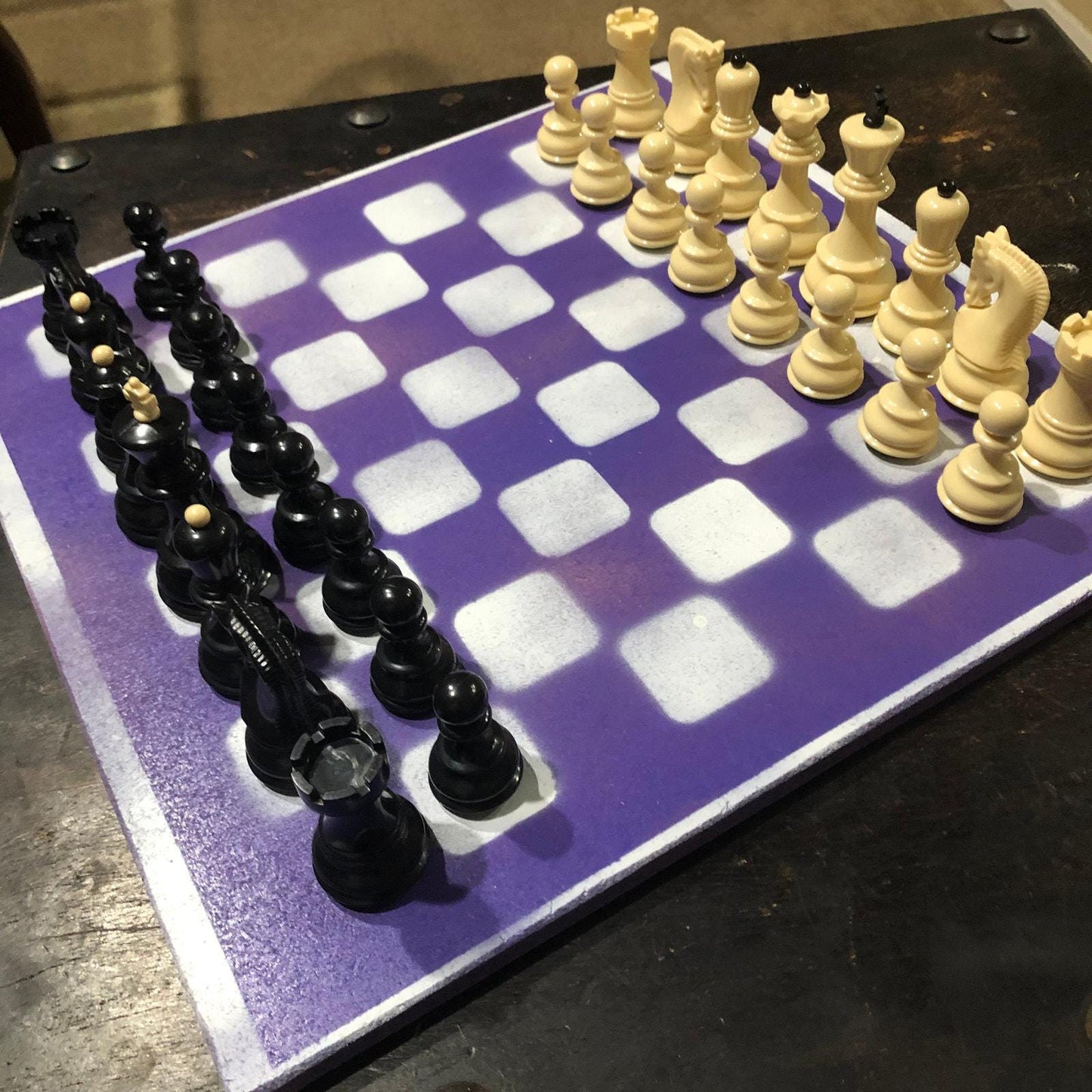 Large Painted Chess Set - Purple & White