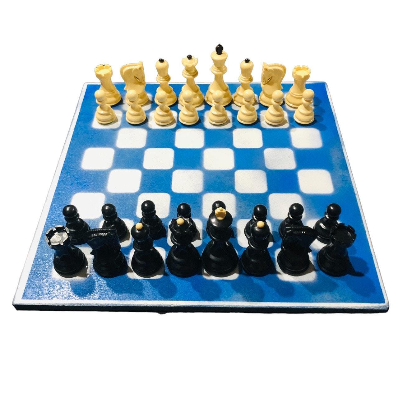 Large Painted Chess Set - Blue & White