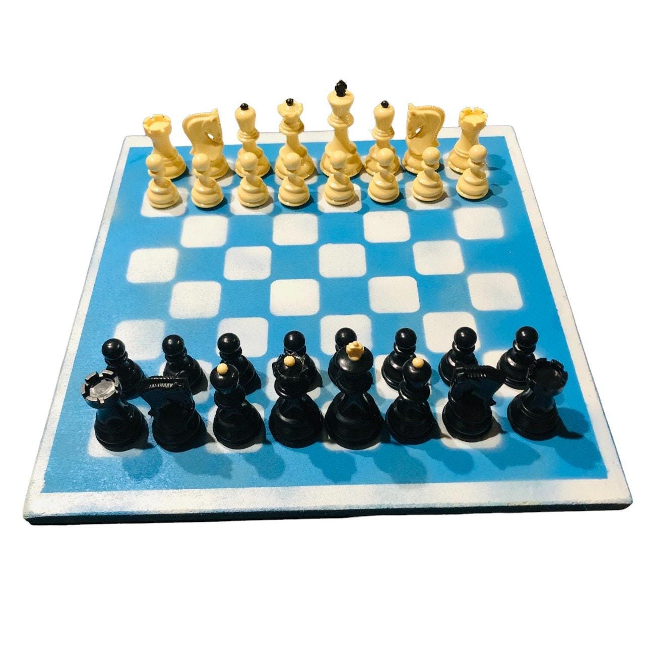 Large Painted Chess Set - White & Blue